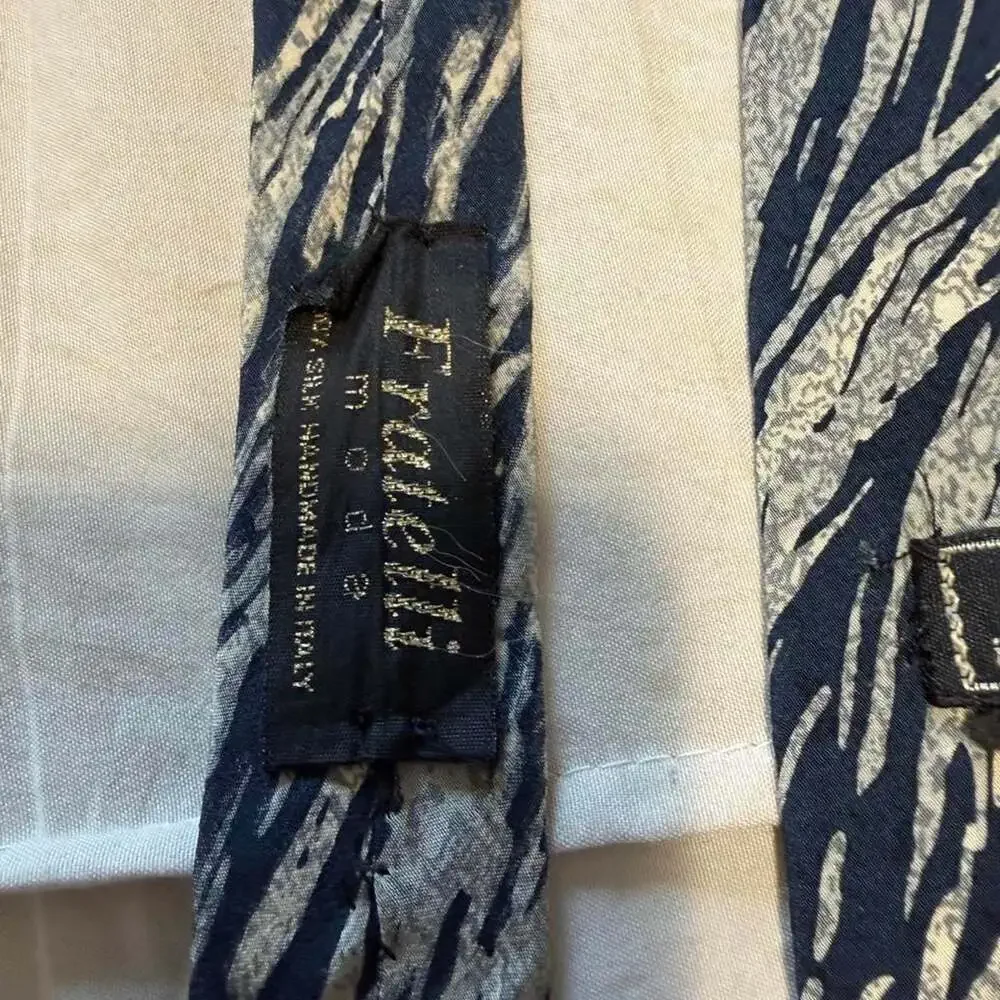 Fratelli Vintage Silk Necktie Navy White Abstract Brushstroke Made in Italy